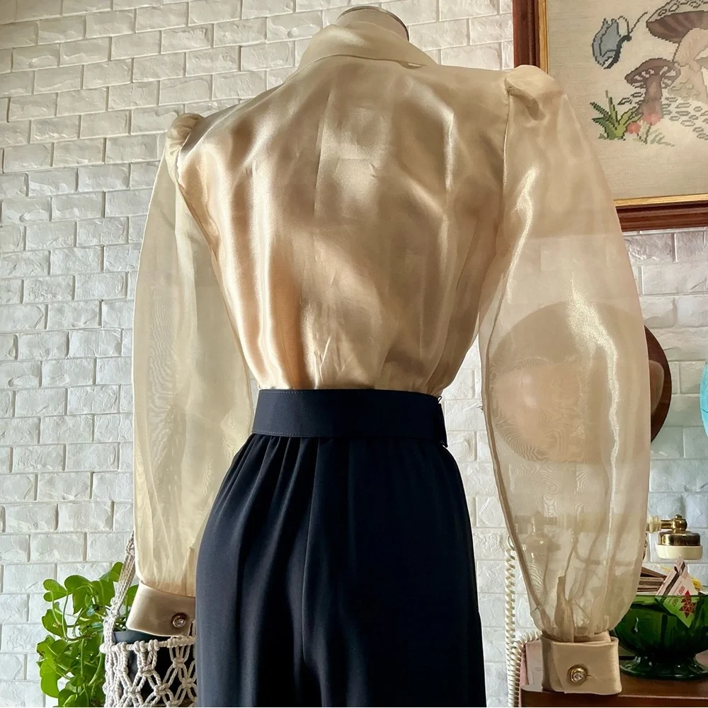 Vintage J.R. Nites by Caliendo Sheer Gold Puff Sleeve Jeweled Belted Jumpsuit - Picture 12 of 16